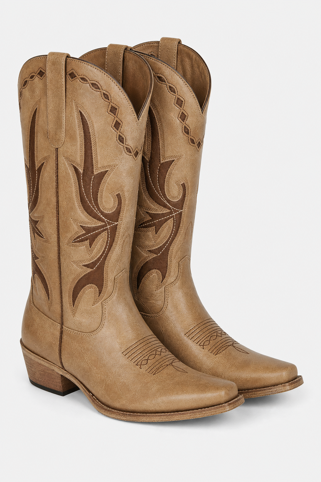 Bottes Santiags en Similicuir Camel à Motifs Western
