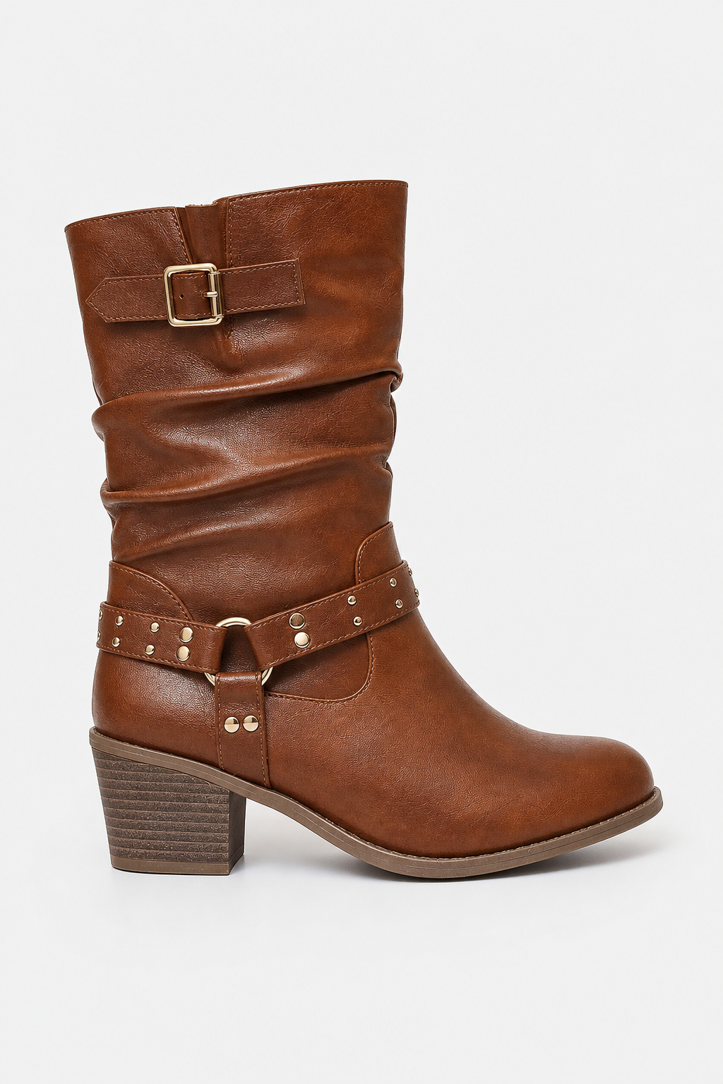 Bottes en Similicuir Marron Cognac Froncées à Clous