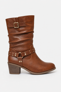 Bottes en Similicuir Marron Cognac Froncées à Clous