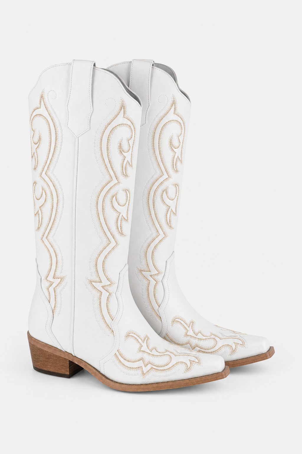 Bottes Santiags Blanches en Similicuir à Broderies Dorées