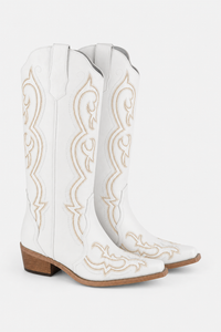 Bottes Santiags Blanches en Similicuir à Broderies Dorées