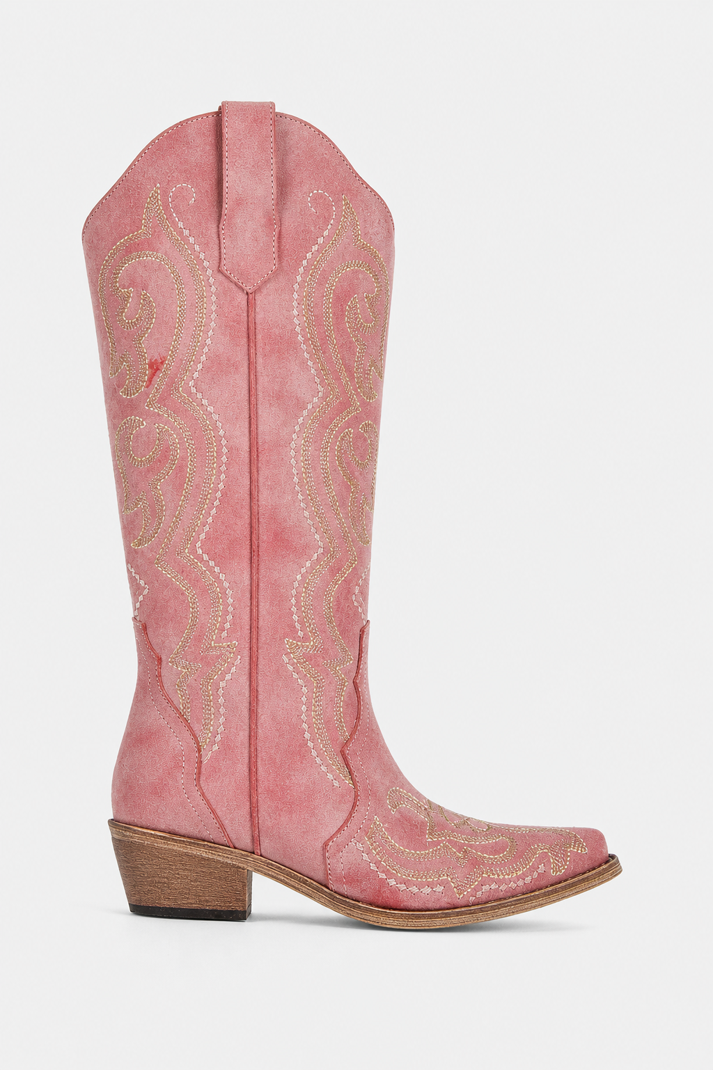 Santiags Hautes en Daim Rose Fumé à Broderies Or