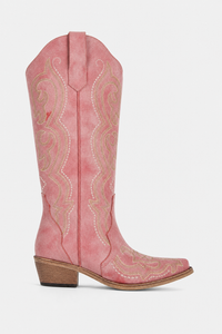 Santiags Hautes en Daim Rose Fumé à Broderies Or