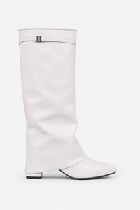 Bottes Montantes en Similicuir Blanc à Effet Plissé