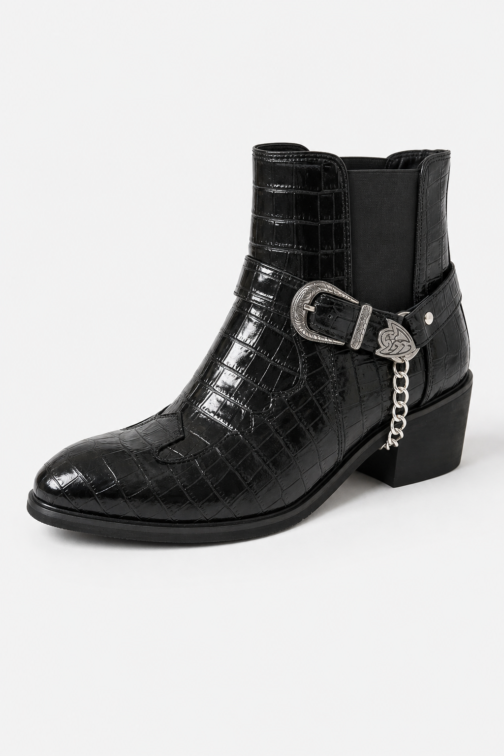 Bottines Noires Effet Croco Verni à Boucle Western et Chaîne