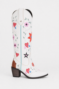 Bottes Santiags Blanches Brodées de Fleurs et Cœurs