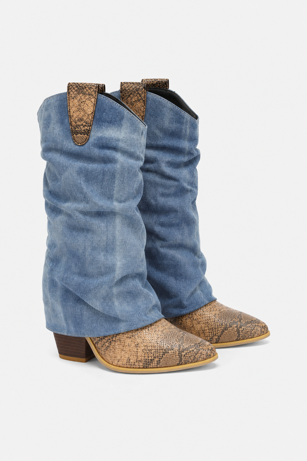 Bottes Santiags Plissées en Jean Délavé et Serpent