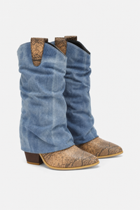Bottes Santiags Plissées en Jean Délavé et Serpent