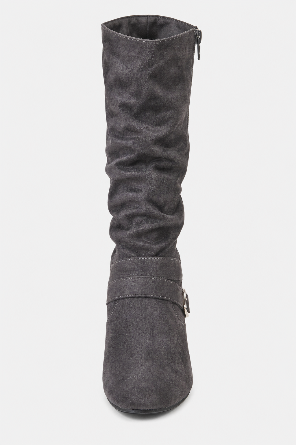 Bottes Plates en Daim Gris Anthracite Fronsées à Boucles