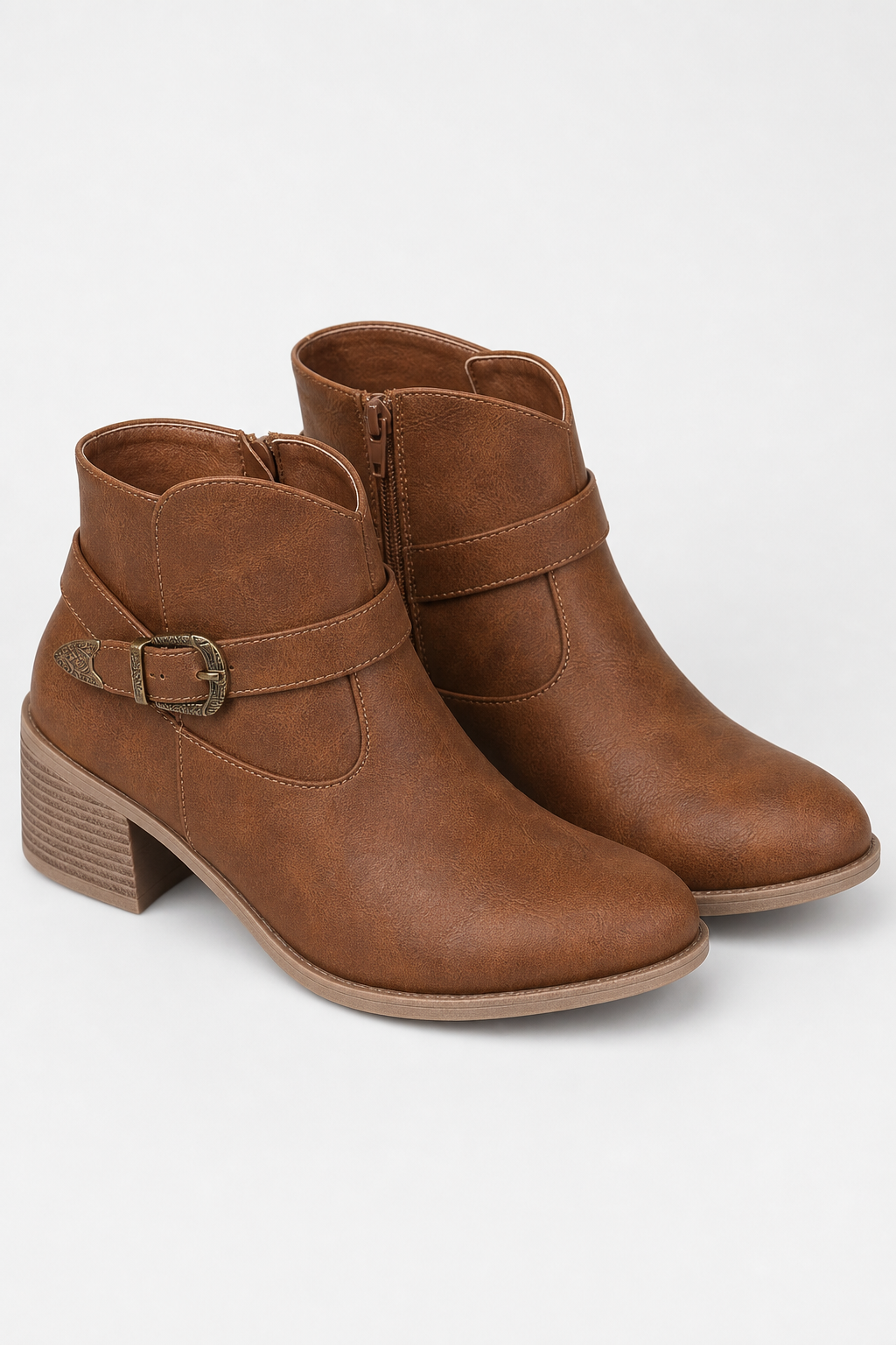 Bottines en Similicuir Marron Style Western à Boucle