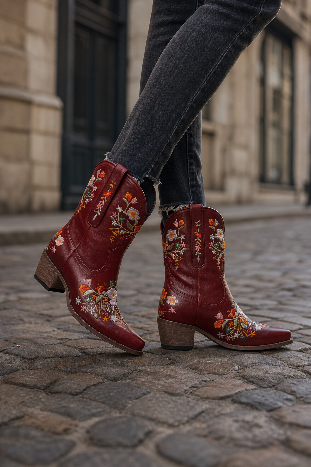 Bottes Santiags en Similicuir Bordeaux à Motifs Floraux