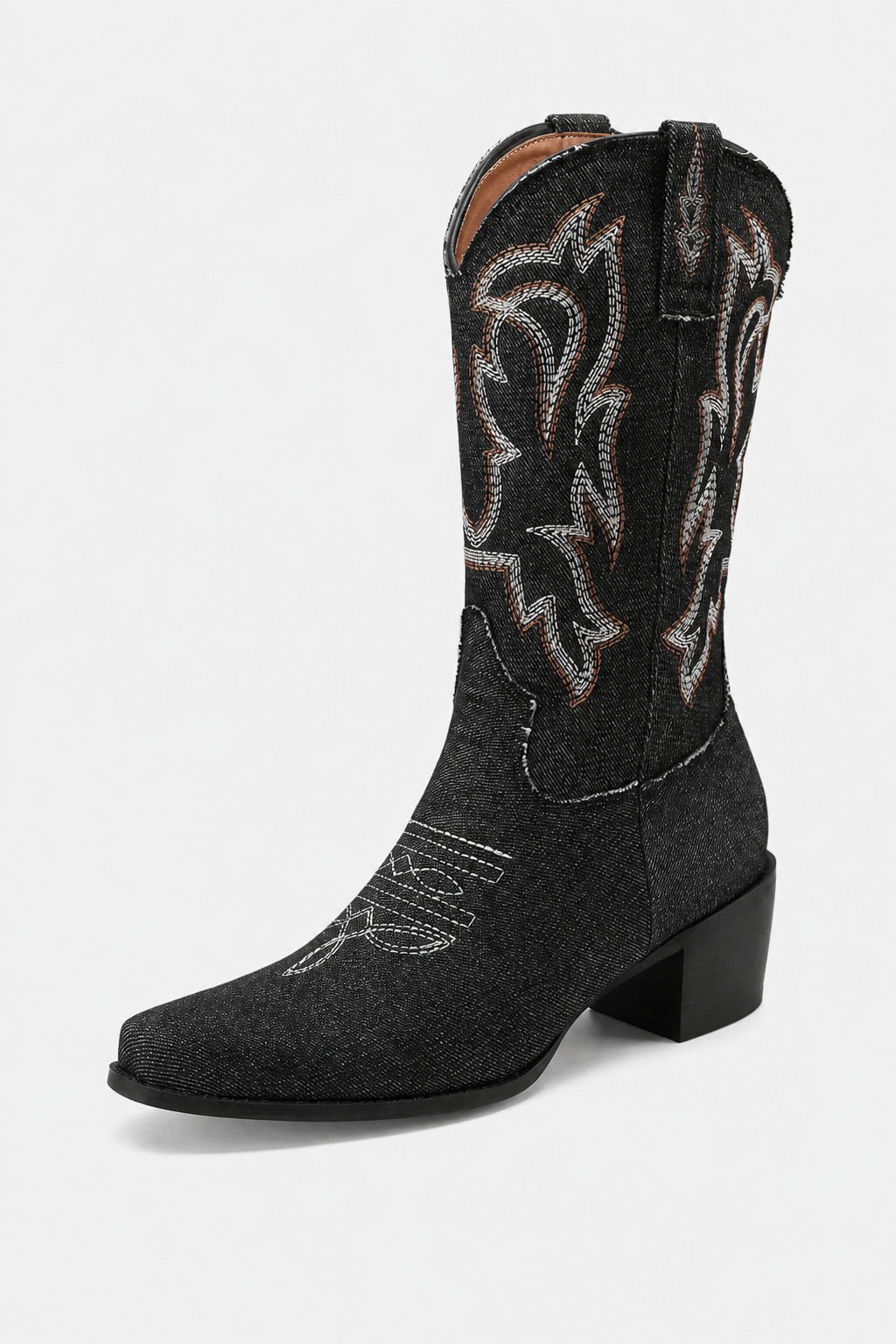 Bottes Santiags en Denim Noir à Broderies Western