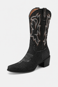 Bottes Santiags en Denim Noir à Broderies Western