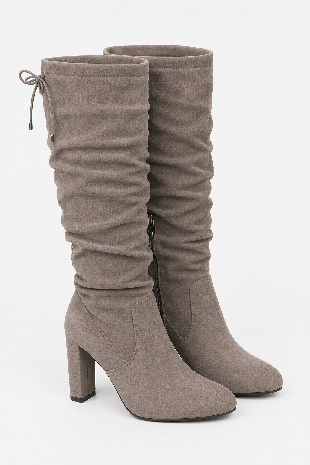Bottes Cuissardes Froncées en Daim Gris à Talon Bloc