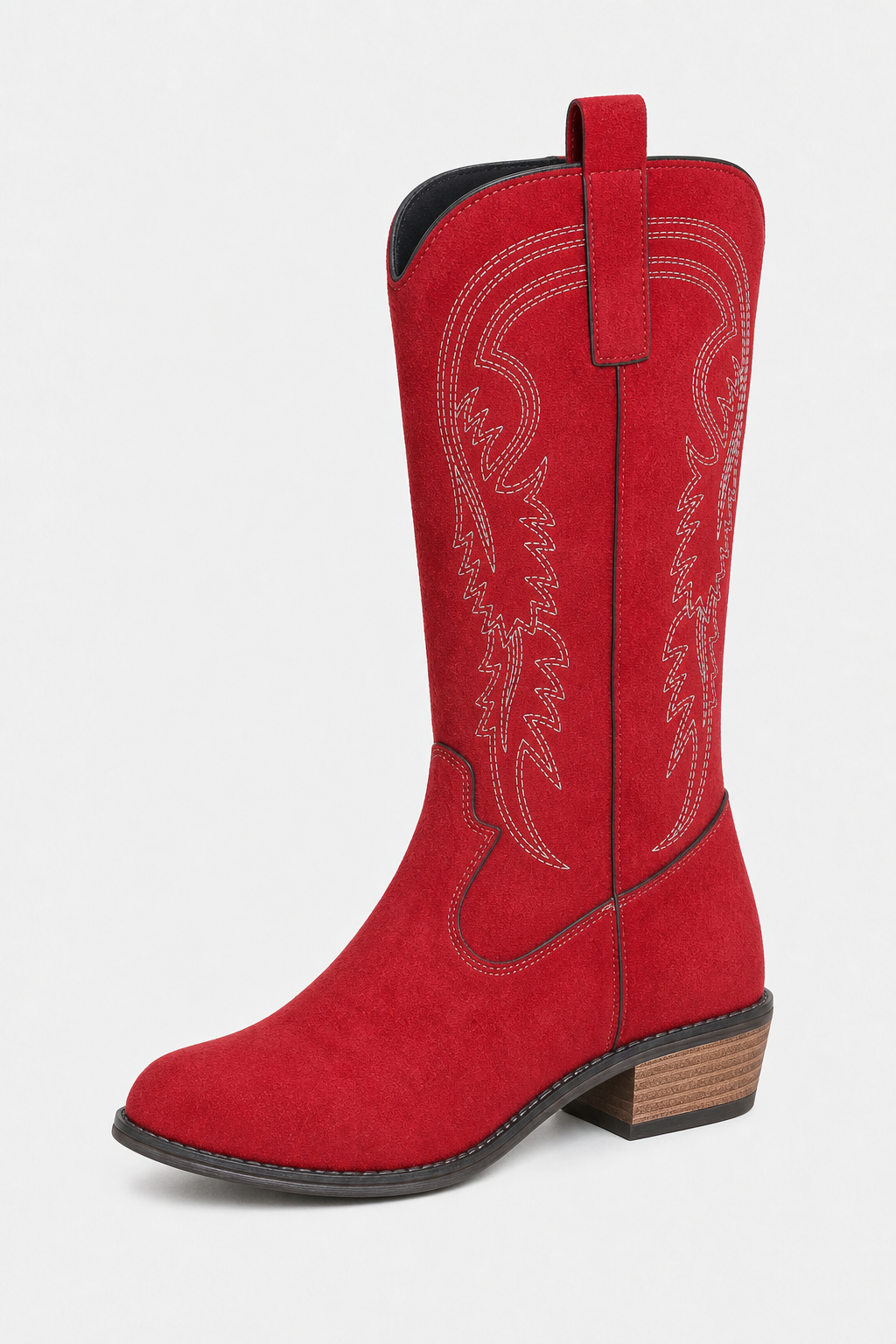 Bottes de Cowboy Mi-Hautes en Daim Rouge à Broderies Western