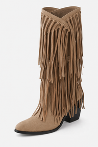 Bottes Santiags en Daim Camel à Franges Mi-Mollet