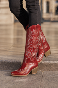 Bottes Santiags en Similicuir Rouge Bordeaux Brodées