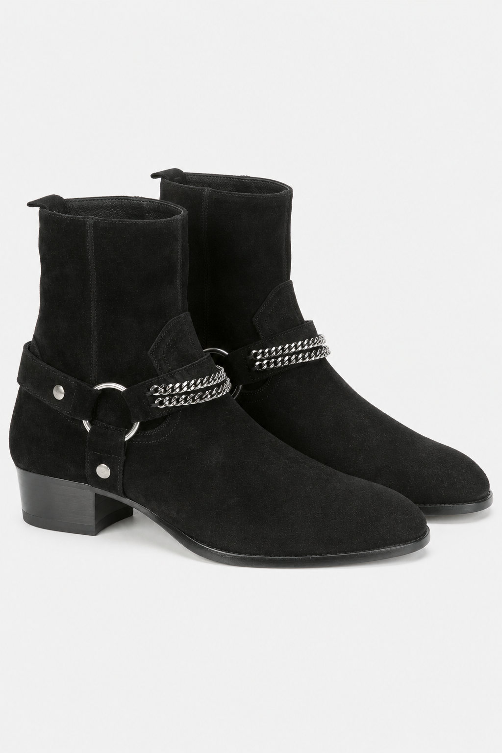 Bottines en Daim Noir Style Harnais à Chaîne
