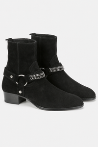 Bottines en Daim Noir Style Harnais à Chaîne