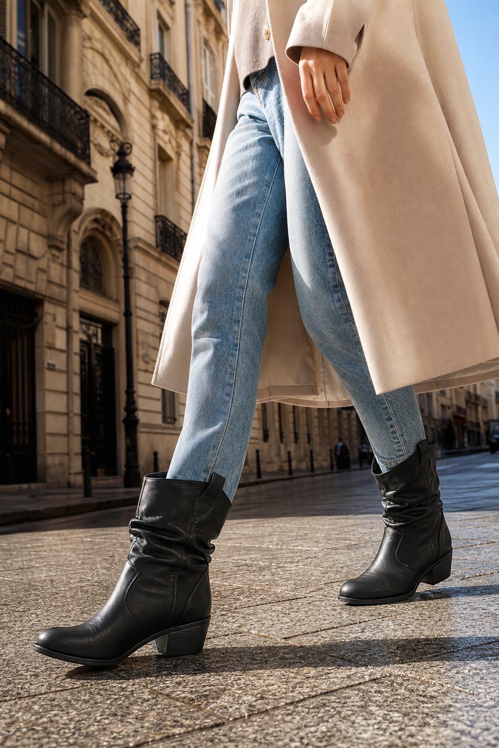 Bottines Cowgirl Noires en Similicuir Froncées