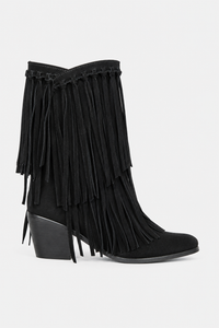 Bottes Mi-Mollet en Daim Noir à Franges Bohèmes