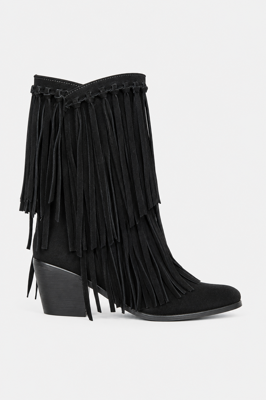 Bottes Mi-Mollet en Daim Noir à Franges Bohèmes