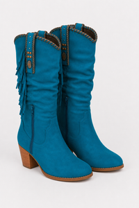 Bottes Froncées en Daim Bleu Canard à Franges