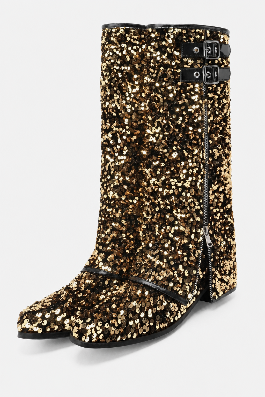 Bottes Santiags à Paillettes Dorées et Boucles Noires