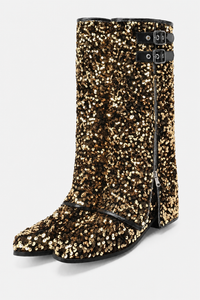 Bottes Santiags à Paillettes Dorées et Boucles Noires