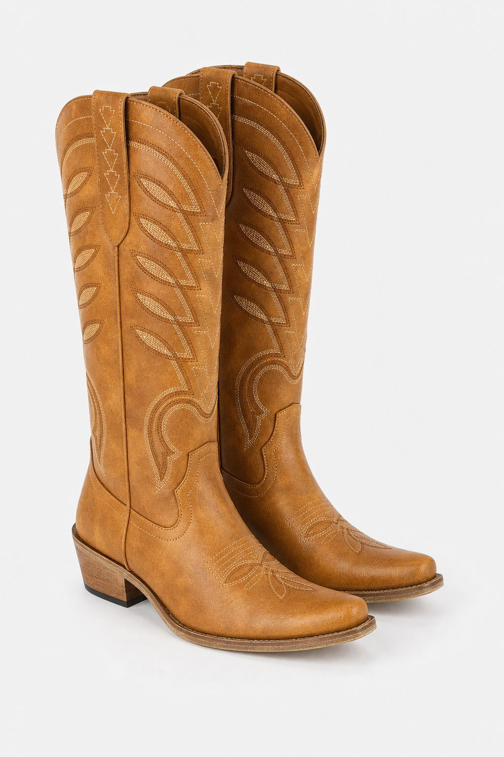 Bottes Santiags en Similicuir Camel à Motifs Brodés