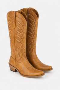 Bottes Santiags en Similicuir Camel à Motifs Brodés