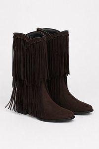 Bottes en Daim Marron Foncé à Franges Mi-Mollet