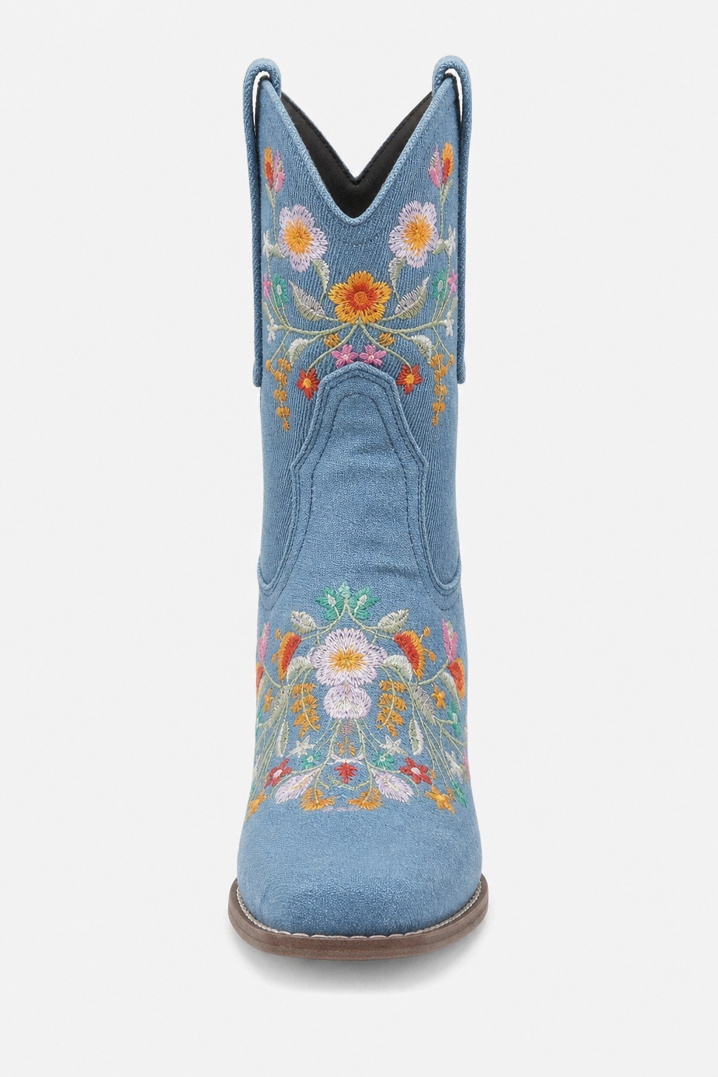 Bottes Santiags en Denim Bleu Clair à Motifs Floraux Brodés