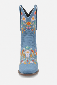 Bottes Santiags en Denim Bleu Clair à Motifs Floraux Brodés