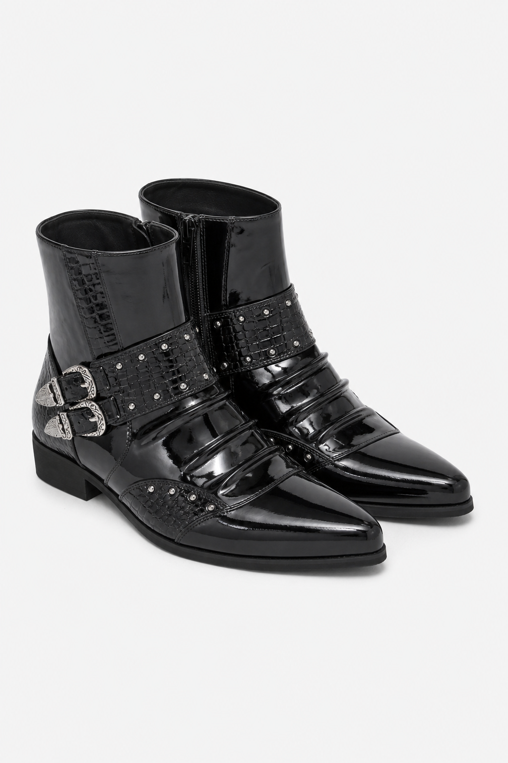 Bottines Homme Noires Vernies à Bout Pointu Croco et Boucle