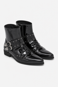 Bottines Homme Noires Vernies à Bout Pointu Croco et Boucle
