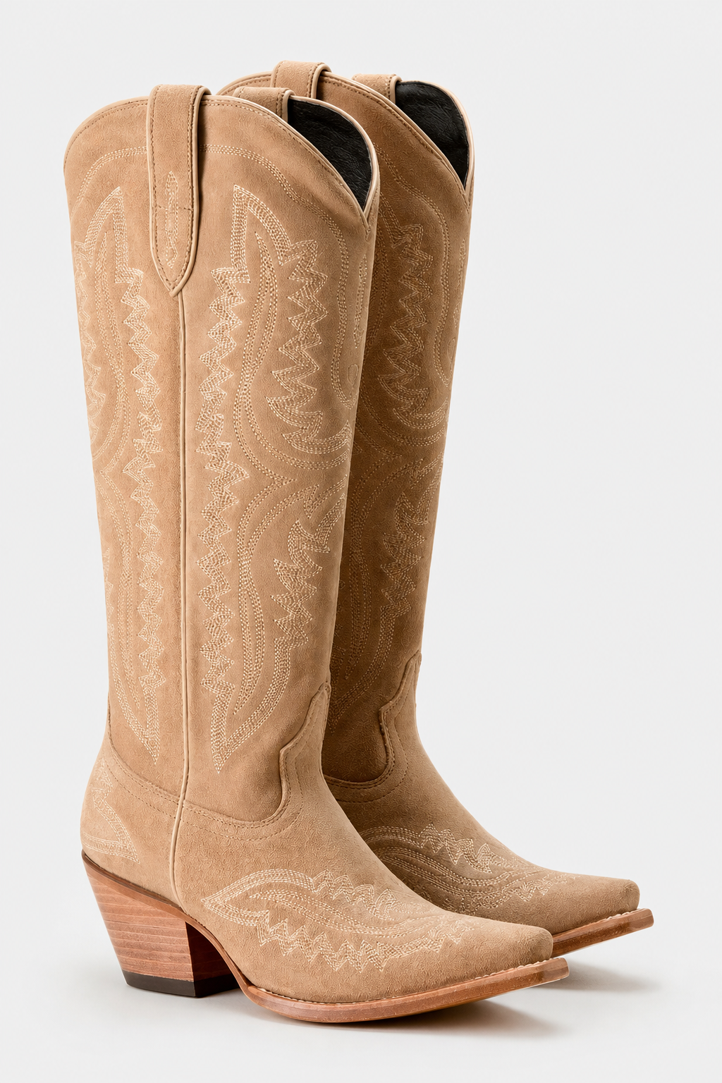 Bottes Santiags Hautes en Daim Beige Brodé