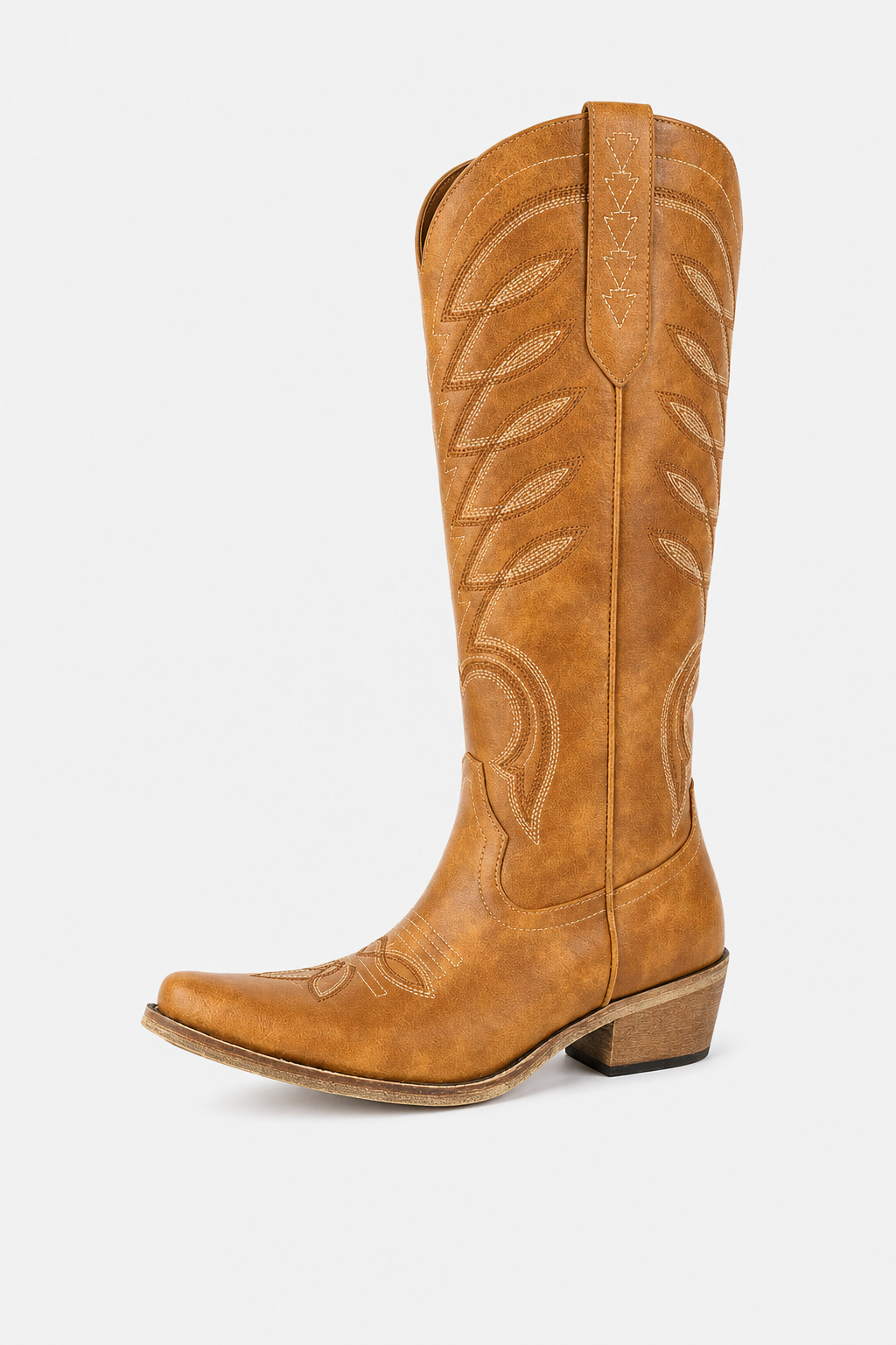 Bottes Santiags en Similicuir Camel à Motifs Brodés
