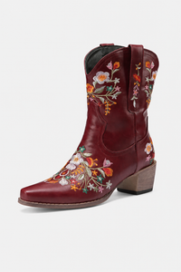 Bottes Santiags en Similicuir Bordeaux à Motifs Floraux