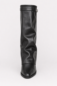 Bottes Montantes Plissées en Similicuir Noir à Boucle