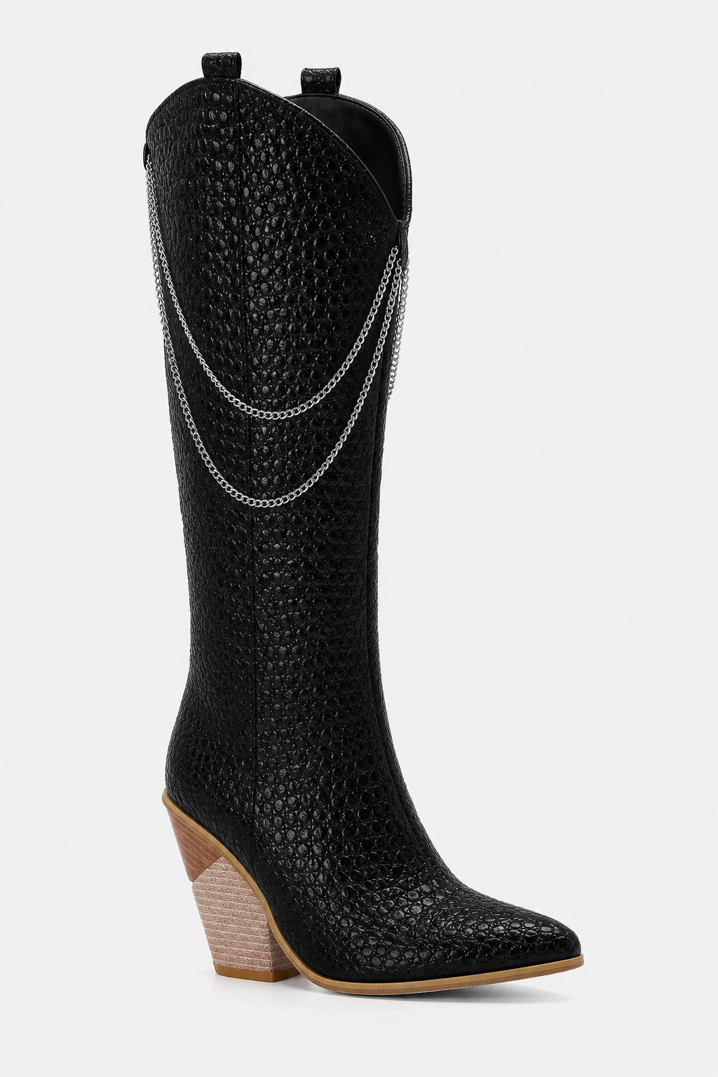 Bottes Santiags Noires Effet Croco avec Chaînes