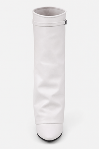 Bottes Montantes en Similicuir Blanc à Effet Plissé