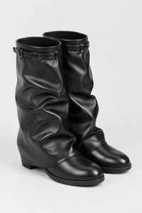 Bottines Plissées en Similicuir Noir à Bout Pointu