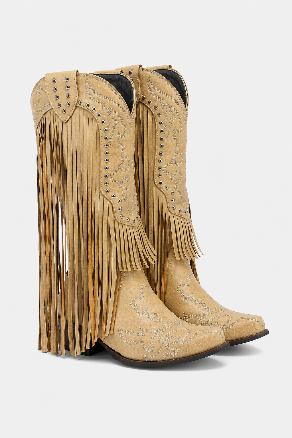 Bottes Santiags en Daim Beige à Franges et Clous