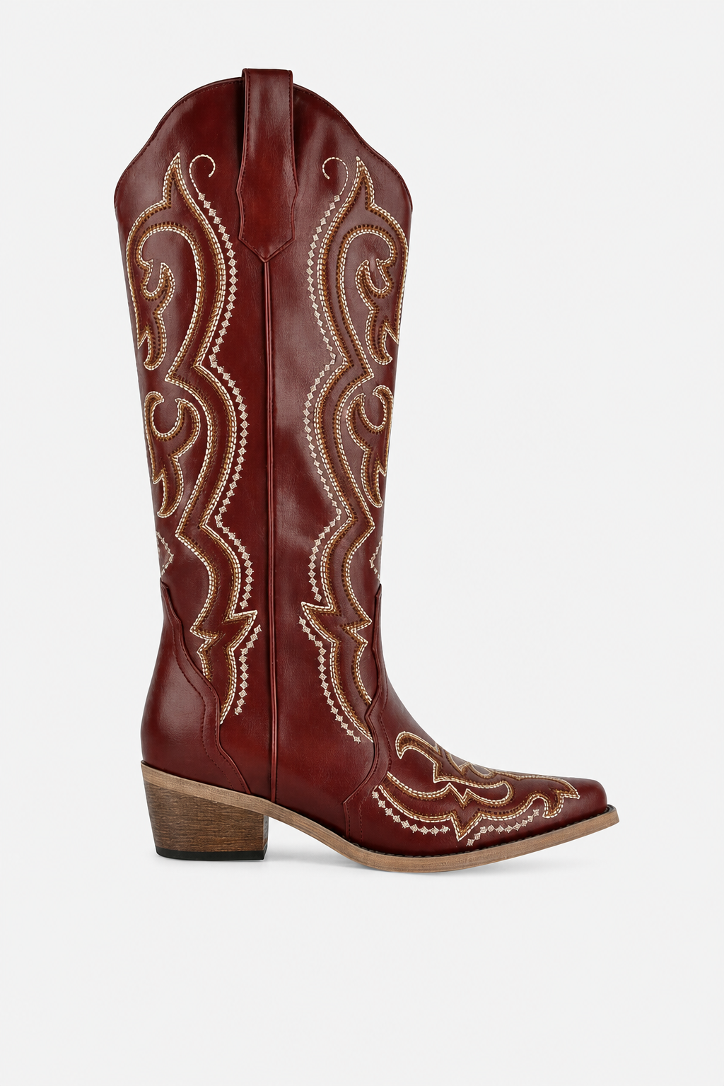 Bottes Santiags Hautes Rouge Bordeaux à Broderies Dorées