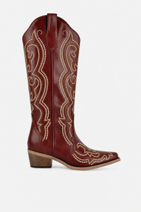 Bottes Santiags Hautes Rouge Bordeaux à Broderies Dorées