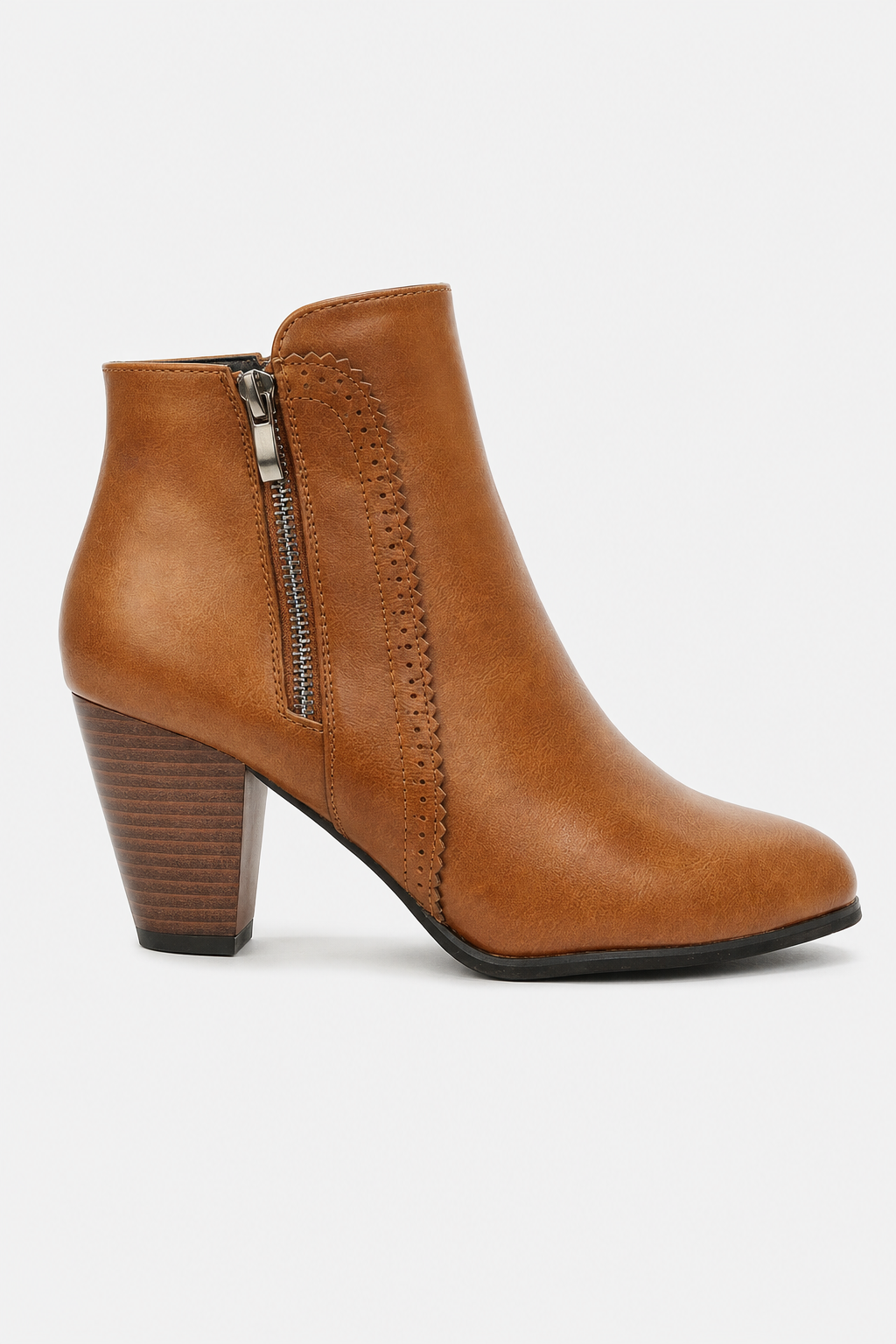 Bottines Camel à Talon Bloc avec Bordure Festonnée