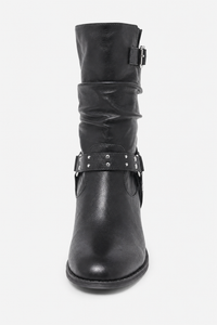 Bottes Noires Plissées à Brides Cloutées et Talon Bloc
