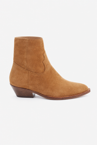 Santiags en Daim Camel à Bout Pointu et Talon Cubain