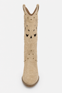 Bottes Santiags en Daim Beige à Motifs Ajourés et Clous